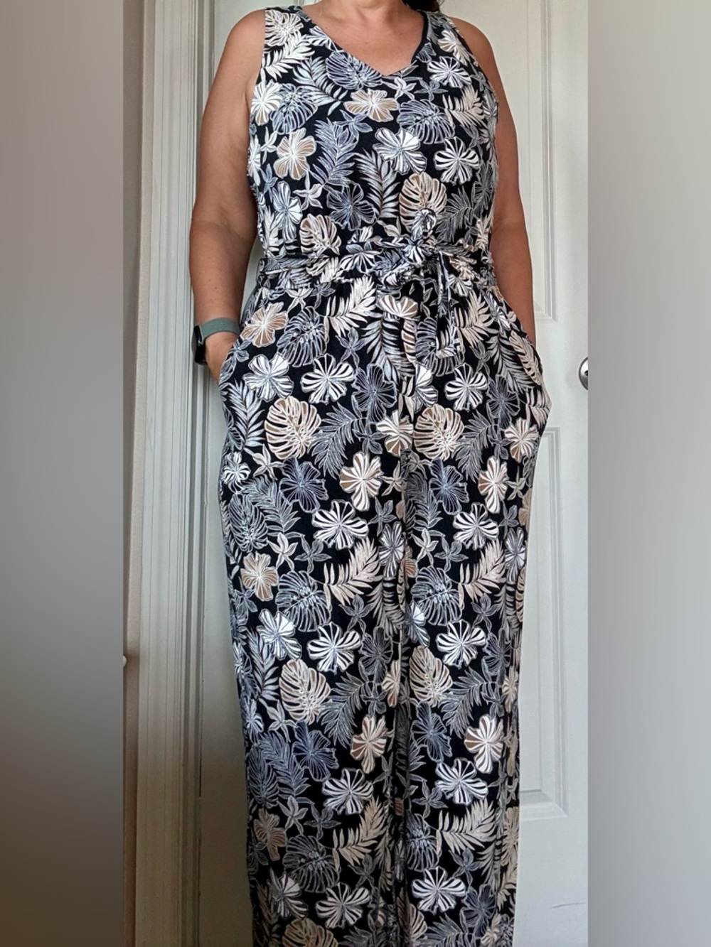 J. Jill Black Floral Sleeveless Jumpsuit with Cream Accents